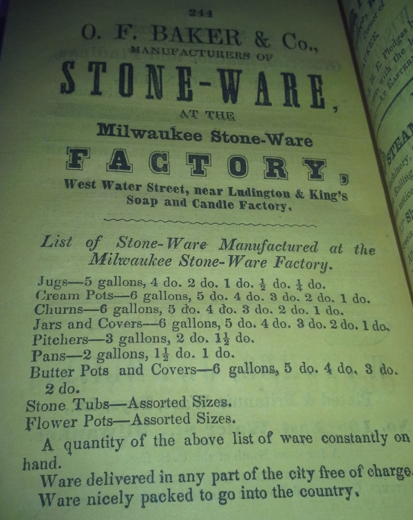 O.F. Baker & Co. Milwaukee WI Stoneware 1851-52 Directory AD