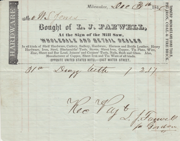 L.J. Farwell Milwaukee, WI 1846 Invoice