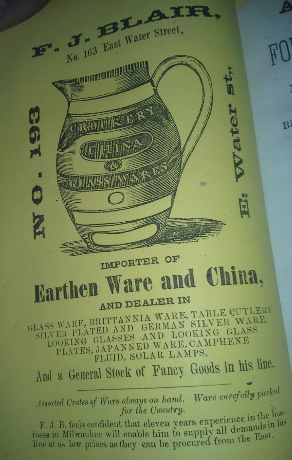 F.J. Blair Earthen Ware and China 1848-49 Milwaukee Directory Ad